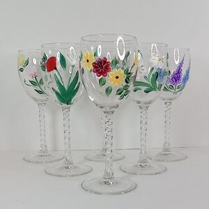 Vintage Hand Painted Twisted Stem Floral Wine Glasses Set Of 6